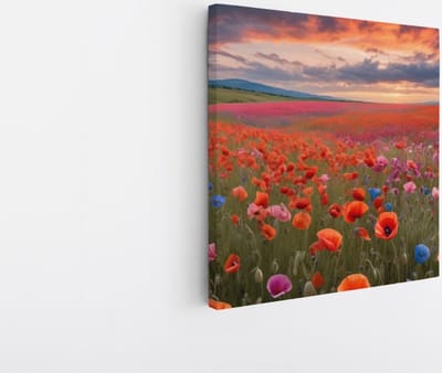 Saammp Canvas Schilderij - Landschap - Blauw - Rood - Bloemenveld - Natuur - 20x20 - Foto op canvas - Wanddecoratie - Muurdecoratie Woonkamer - Slaapkamer decoratie - Canvas Print