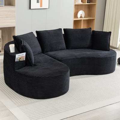 OKWISH Hoekbank 250 x 152 cm - Met Bekerhouders, Zijvakken En Kussen - Voor Woonkamer Of Slaapkamer - Cord - Zwart