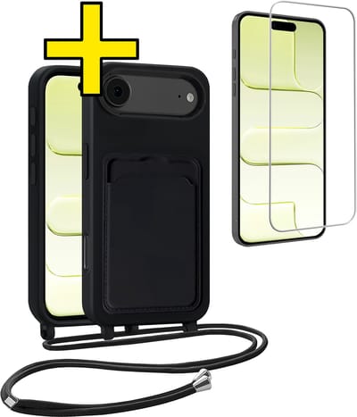 Hoesje Geschikt voor iPhone Air Telefoonhoesje Met Koord Case Pashouder Met Screenprotector Siliconen - Hoes Geschikt voor iPhone Air Hoesje Met Kaarthouder - Zwart
