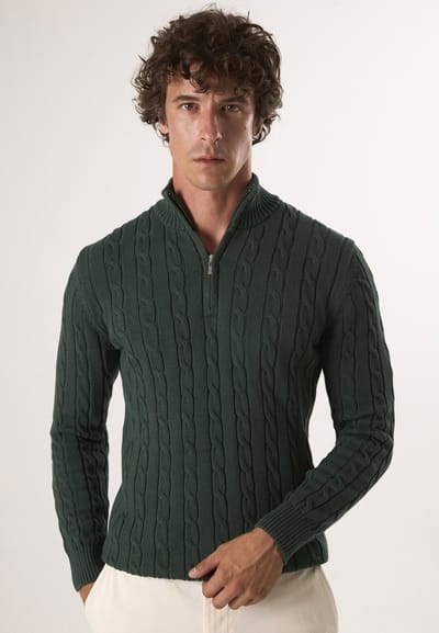 Felix Hardy Kabelgebreide Trui Met Halve Rits - 100% Katoen Heren Groen - 2Xl