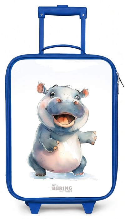NoBoringSuitcases.com® - Kinderkoffer blauw - Kindertrolley jongen - Baby nijlpaard - Koffer kind lichtgewicht - Reiskoffer trolley voor kinderen - Koffertje met lichtgevende wieltjes - Rolkoffer