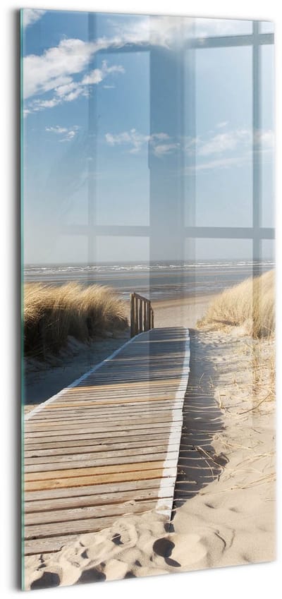 Wallfluent Glasschilderij - Uitzicht op het strand en de zee Foto Glas - 50x100 cm - Veelkleurig Verticale Muurschildering - Landschap Foto Schilderij Op Glas - Foto In Glas - Foto Op Glas