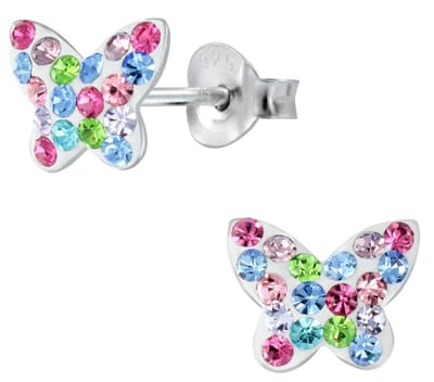 Joy|S - Zilveren vlinder oorbellen - 9 x 8 mm - kristal multicolor