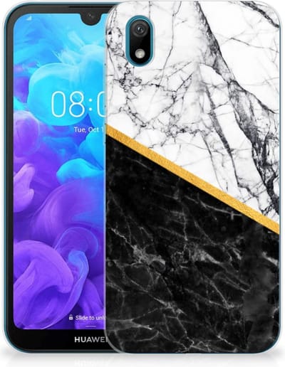 Huawei Y5 (2019) TPU Siliconen Hoesje Marmer Wit Zwart - Origineel Cadeau Man