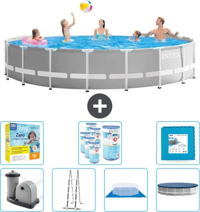 Intex Rond Prism Frame Zwembad - 548 x 122 cm - Grijs - Inclusief Pomp - Ladder - Grondzeil - Afdekzeil Onderhoudspakket - Filters - Vloertegels