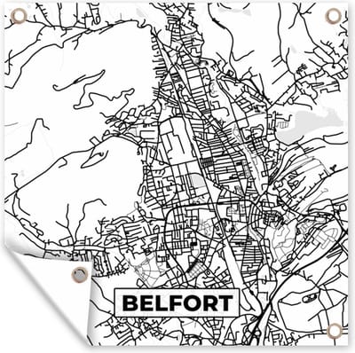 Tuin poster Kaart - Frankrijk - Stadskaart - Plattegrond - Belfort - Zwart wit - 200x200 cm - Tuindoek