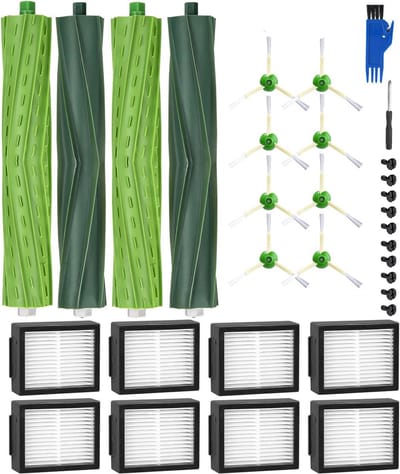 Reserveonderdelen geschikt voor iRobot Roomba E/I-serie, i7 i7+ i3 i3+ i4 i4+ E5 E6, borstelaccessoires geschikt voor iRobot Roomba, 2 sets rubberen borstels,8 hoogwaardige filters, 8 zijborstels