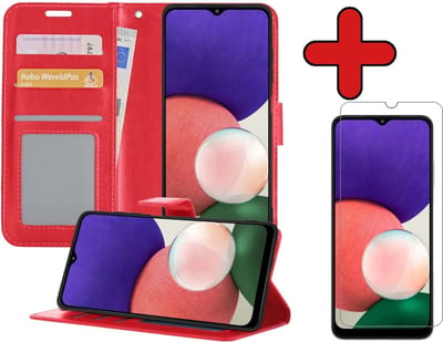 Hoesje - Met Screenprotector - Geschikt voor Samsung Galaxy A22 4G - Luxe Pasjeshouder - Flipcase - Bookcase Portemonee - Flip Case - Kunstleer Book Case - Book Cover - Walletcase - Portemonneehoes - Telefoonhoes - Rood