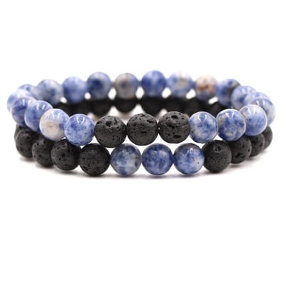 Bixorp Gems Dubbele Natuursteen Armband voor Man & Vrouw - Blauw/Zwart contrast - Edelsteen Armband Cadeau - Lapis Lazuli & Lavasteen - 18cm