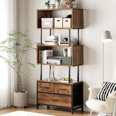 HOMESY Boekenkast, rek met 5 etages, staand rek met 3 stoffen laden, smalle plank, geschikt voor slaapkamer, kantoor, woonkamer, 60 x 24 x 155 cm, vintage kleuren