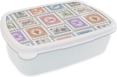 Broodtrommel Wit - Lunchbox - Brooddoos - Fiets - Postzegel - Patroon - 18x12x6 cm - Volwassenen