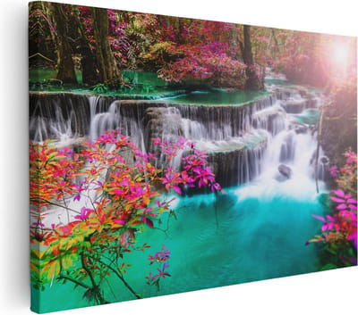 Artaza Canvas Schilderij Waterval - 30x20 cm - Klein - Wanddecoratie Landschap - Muurdecoratie Tropisch Bos - Kamer Accessoires Bloemen