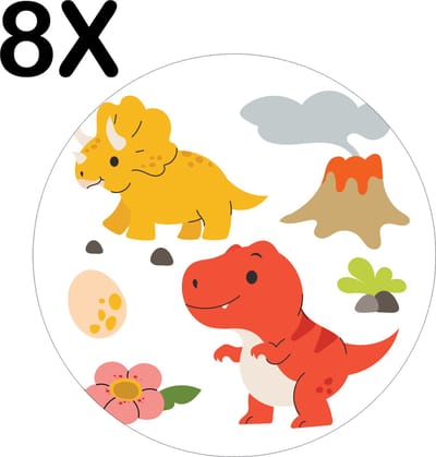 Luxe Ronde Placemat - Vrolijke Dino's - Voor Kinderen - Getekend -2 - Set van 8 Placemats - 50x50 cm - 2 mm dik Vinyl - Anti Slip - Afneembaar