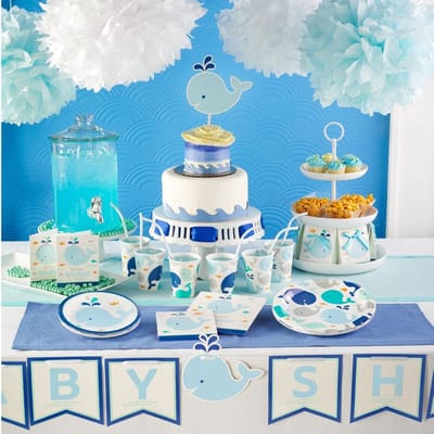 16 vrolijke babywalvis servetten voor een babyshower, blauw