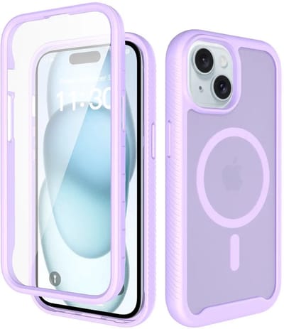 Hoesje met Ingebouwde Screenprotector Geschikt voor Apple iPhone 15 - Compatibel met MagSafe / Qi2 - Full Protect - Schokbestendige Beschermhoes - Case Matte Paars