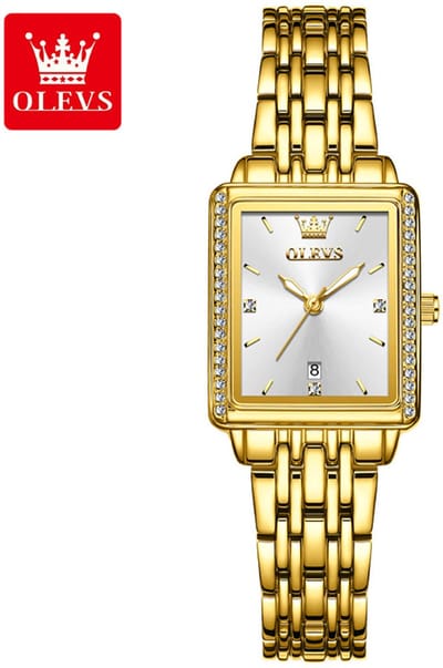 HO-9995.wi : OLEVS Dames retro goudkleurig edelstalen quartz horloge, wit/zilverkleurige wijzerplaat, kalenderdag