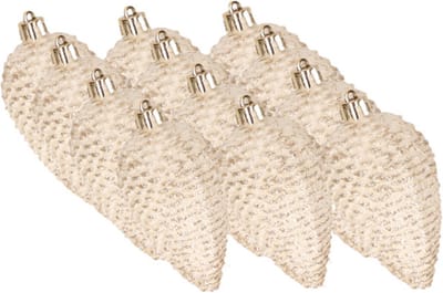 Decoris Dennenappels kersthangers - 12x st - creme wit - 8 cm - kunststof - kerstversiering