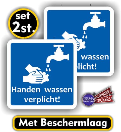Jerma - Handen wassen verplicht - Stickers - 2 st. - 14x14 cm - Zelfklevend - Weerbestendig - Vinyl