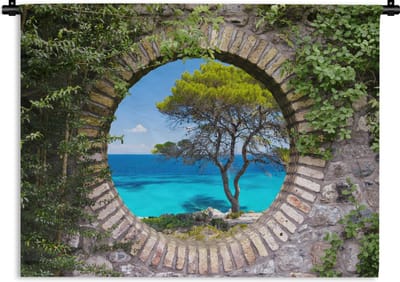 Wandkleed - Wanddoek - Zee - Boom - Tropisch - Doorkijk - 120x90 cm - Wandtapijt
