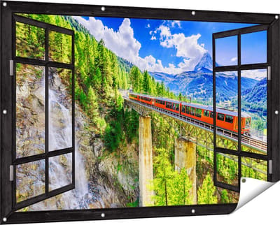 Gards Tuinposter Doorkijk Trein op een Brug bij een Waterval in Zwitserland - 150x100 cm - Tuindoek - Tuindecoratie - Wanddecoratie buiten - Tuinschilderij