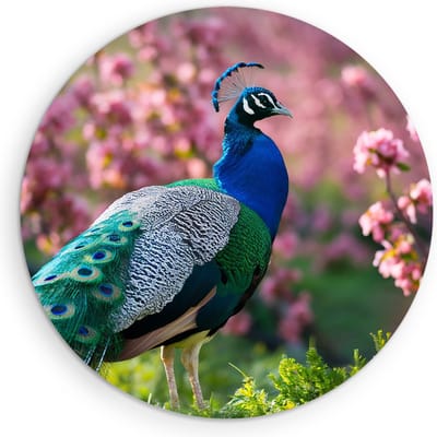 Saammp Muurcirkel Hout - Pauw bij roze bloemen - Dieren - Natuur - Ø 90 - Wandcirkel - Wanddecoratie Cirkel - muurdecoratie Woonkamer - Slaapkamer decoratie - Rond Schilderij