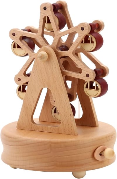 Houten Muziekdoos - Draaiend Wiel - Decoratief Gebruik - Geen Batterijen Nodig - 11 x 11 x 15.5 cm - Houtkleur