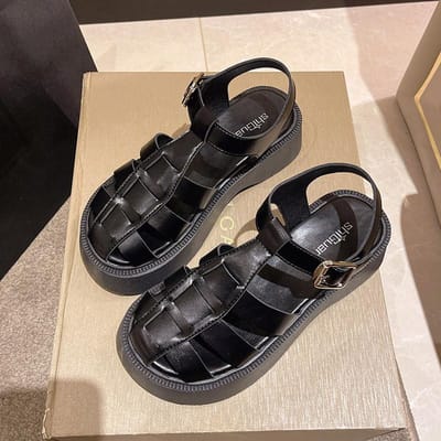 Sandales à semelles épaisses et bout en éponge pour femmes, nouveau style d'explosion d'été avec jupe, chaussures romaines à semelle souple, super 40 noir