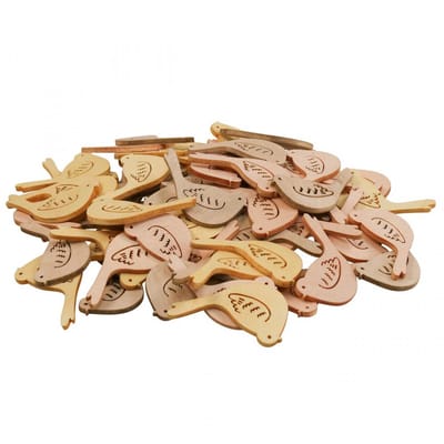 Strooidecoratie vogeldecoratie hout lente geel/beige/oranje Ø4cm 72 st
