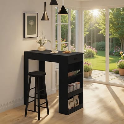 Multifunctionele Bartafel met Wijnrek, Lade en Planken – Stijlvolle Bistrotafel voor Keuken, Woonkamer en Eetkamer – Zwart, 100 x 50 x 100 cm Casa Serena – Casa Dorada