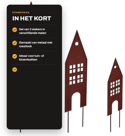 Dailygoods- Tuinsteker Set van 3 - Tuinsteker Huis Patina Look - Tuinsteker Roest - Tuinsteker Metaal - Decoratieve Plantenstekers - Weerbestendig