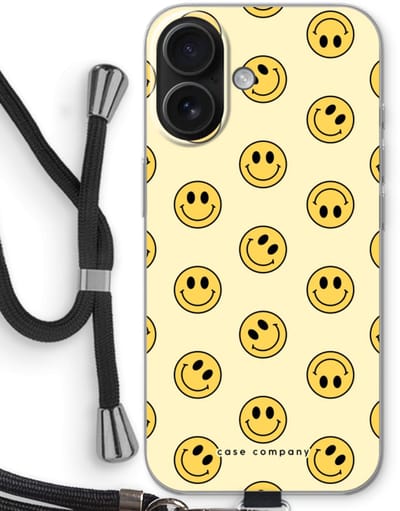 Case Company® - Hoesje met koord geschikt voor iPhone 16 hoesje met Koord - Smiley N°2 - Telefoonhoesje met Zwart Koord - Bescherming aan alle Kanten en Over de Schermrand