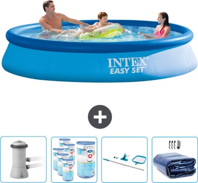 Intex Rond Opblaasbaar Easy Set Zwembad - 366 x 76 cm - Blauw - Inclusief Pomp Filters - Schoonmaakset - Solarzeil