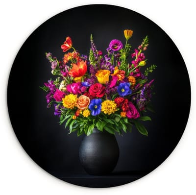 WallCircle® Wandcirkel 120x120 cm - Muurcirkel Felgekleurd - Bloemen - Vaas - Muurdecoratie woonkamer - Wanddecoratie slaapkamer - Kamer decoratie accessoires - Ronde schilderijen XXL