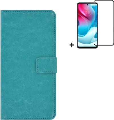 MoDo hoesje Geschikt voor Motorola Moto E32/ E32s - Kunstleer Book Case - Turquoise hoesje met full screenprotector