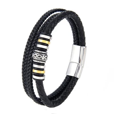 Armband Heren - Zwart Leer met Stalen Accenten - Leren Armbanden - Papa Cadeau Voor Mannen - Vaderdag
