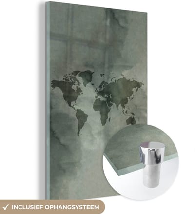 ® Glasschilderij 80x120 cm - Schilderij acrylglas - Wereldkaart - Aquarelverf - Groen - Grijs - Foto op glas - Muurdecoratie woonkamer - Wanddecoratie slaapkamer - Schilderijen