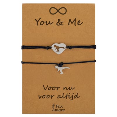 Vriendschapsarmbandjes voor 2 " You & Me ∞" - Dinosaurus - BFF Armbandjes met Persoonlijk Cadeau Kaartje - Zilverkleurig & Zwart - Elastisch Verstelbaar - Pax Amare