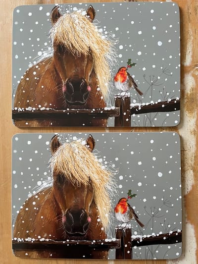 Alex Clark Placemats(MEDIUM FORMAAT) Horse and Robin ~ Paard en roodborstje Kerst/winter