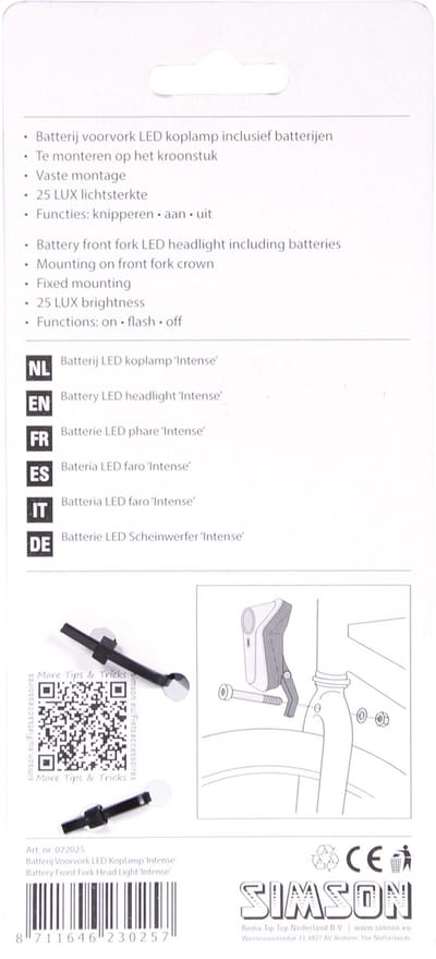 Simson Koplamp met 25 LUX - LED - Voorvorkmontage - Reflector - Inclusief batterijen