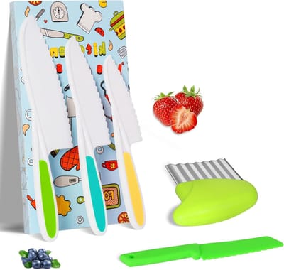 Set van 5 Kindermessen voor de Keuken, Herbruikbare Plastic Messen voor Groenten, Fruit en Taart Snijden, Veilig en Geschikt voor Kinderen