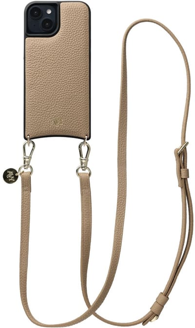 AVY Leren Hoesje Geschikt voor Apple iPhone 15 | Compatibel met MagSafe | Leather Case met Telefoonkoord | Crossbody | Beige | Long Leather