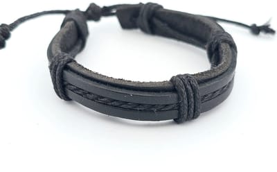 Zwarte herenarmband van runderleer met waxkoord en schuifknoop