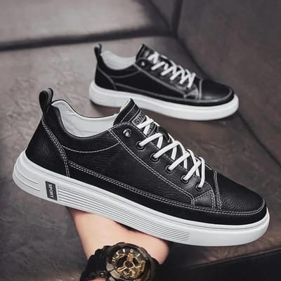 Nieuwe Herenmode Casual Leren Schoenen Heren Witte Gevulkaniseerde Schoenen Sneakers Ademende Platte Schoenen voor Heren Zapatillas De Hombre 44 black