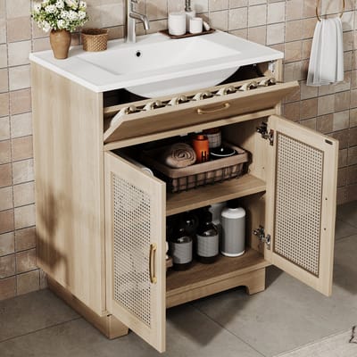 OKWISH Badkamermeubel Met Wastafel - Vrijstaand Met Opbergruimte En Softclose Deuren - Rotanlook Naturel - 76x46x88 cm