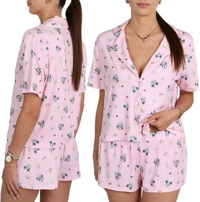 DISNEY Minnie Mouse Roze damespyjama met knoopjes, tweedelige pyjama, voor de zomer met korte mouwen