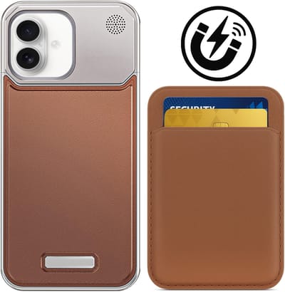 Metalen Aromatiserend Frame Hoesje + Pasjeshouder geschikt voor iPhone 16 MagSafe – Luxe Lederen Case in je handpalm & Portemonnee Kaarthouder – Bruin