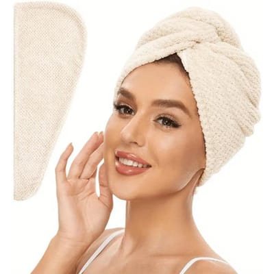 Serviette pour cheveux couleur unie texturée bonnet pour cheveux secs serviette absorbante pour cheveux enroulement pour femmes à boutons Beige