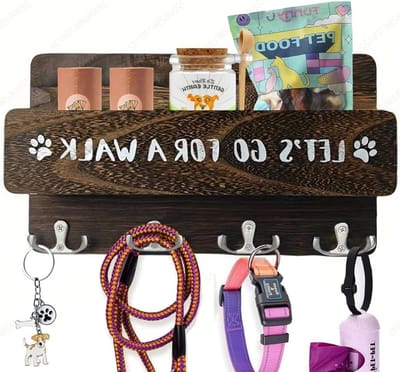 Houten hondenriemhouder voor aan de muur met 4 dubbele haakjes, ideaal voor sleutels en hondenaccessoires, 30 cm, bruin
