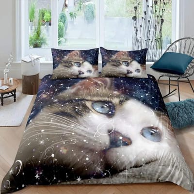 Galaxy Kat Dekbedovertrek Set Microvezel Heelal Galaxy Beddengoed Set Schattige Kitten Dekbedovertrek Buitenruimte Planeten Quiltovertrek 70x133cm 2pcs