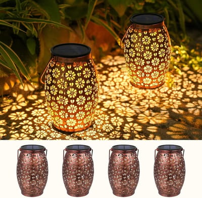 Set van 4 Waterdichte Solar Lantaarns voor Buiten - Metalen Hanglampen voor Tuin, Patio en Balkon Decoratie
